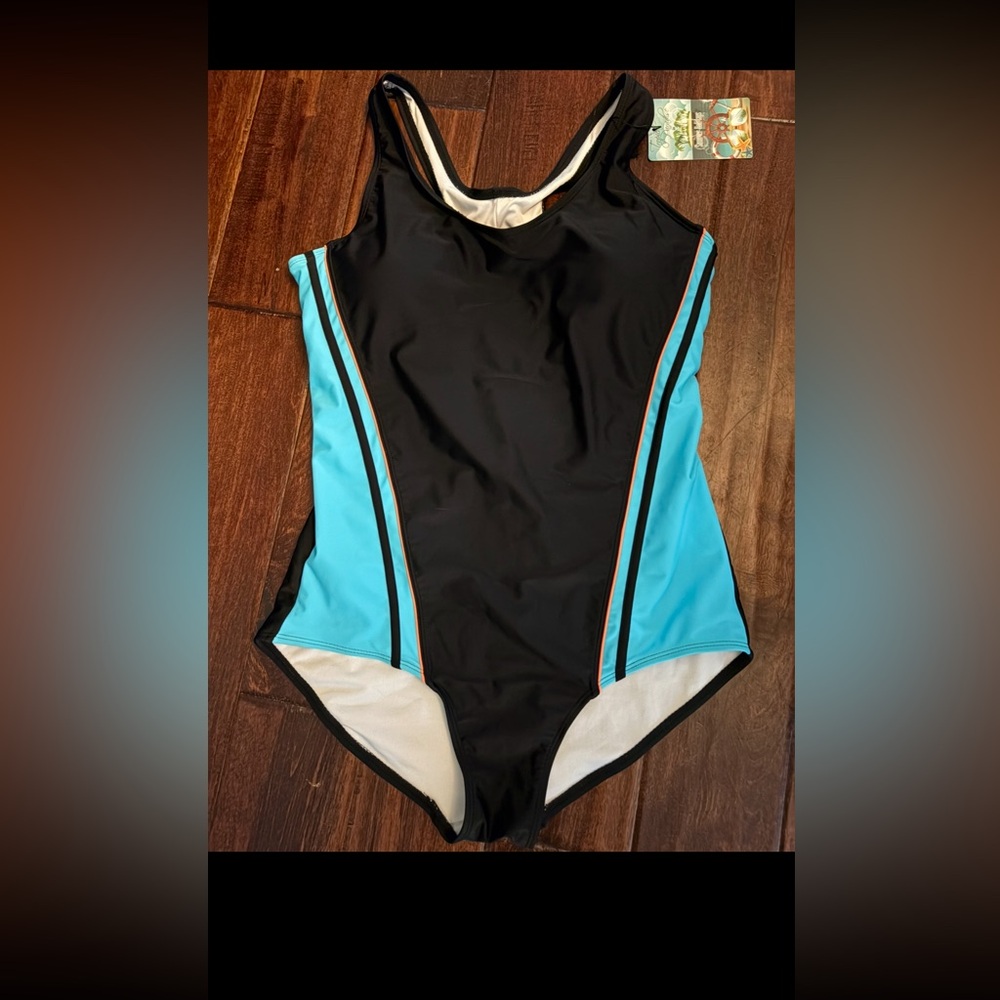 Black and Blue Racerback Swimsuit with built in bra cups.